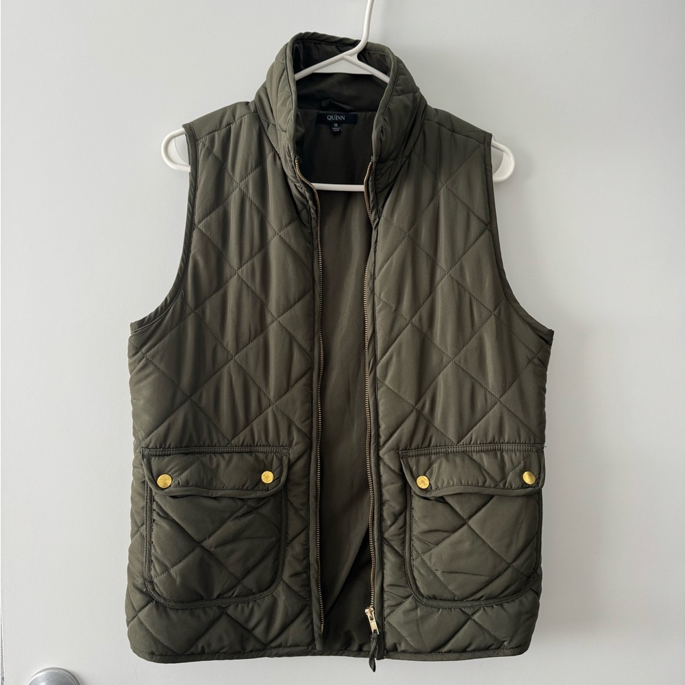 Quinn Olive Green Quilted Vest with Gold Zipper